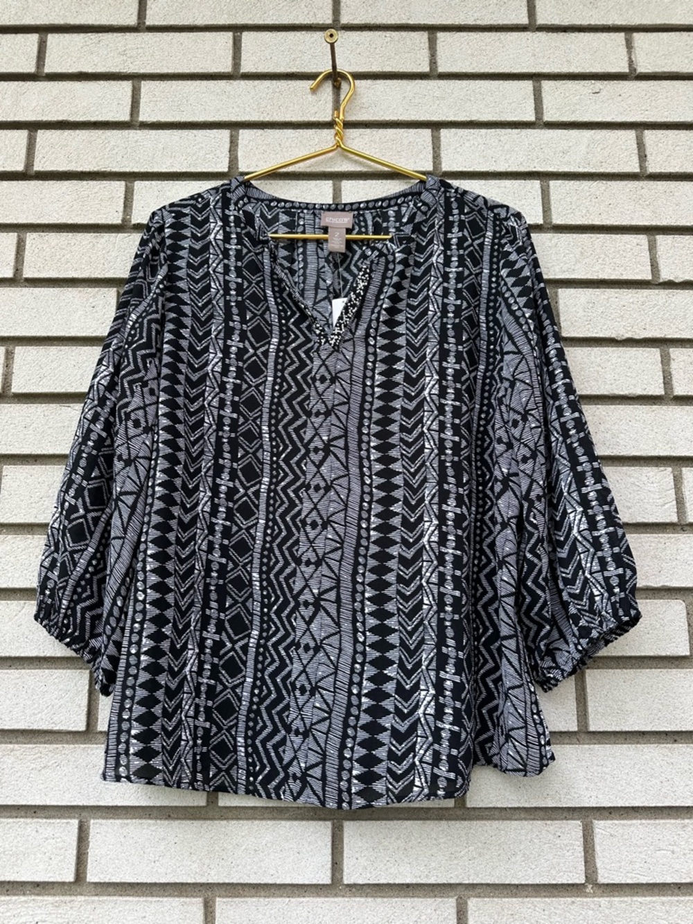 Chico’s Black White Tribal Ethnic Diamond Ikat Beaded Neck Boho Blouse 2 NWT - Picture 2 of 9